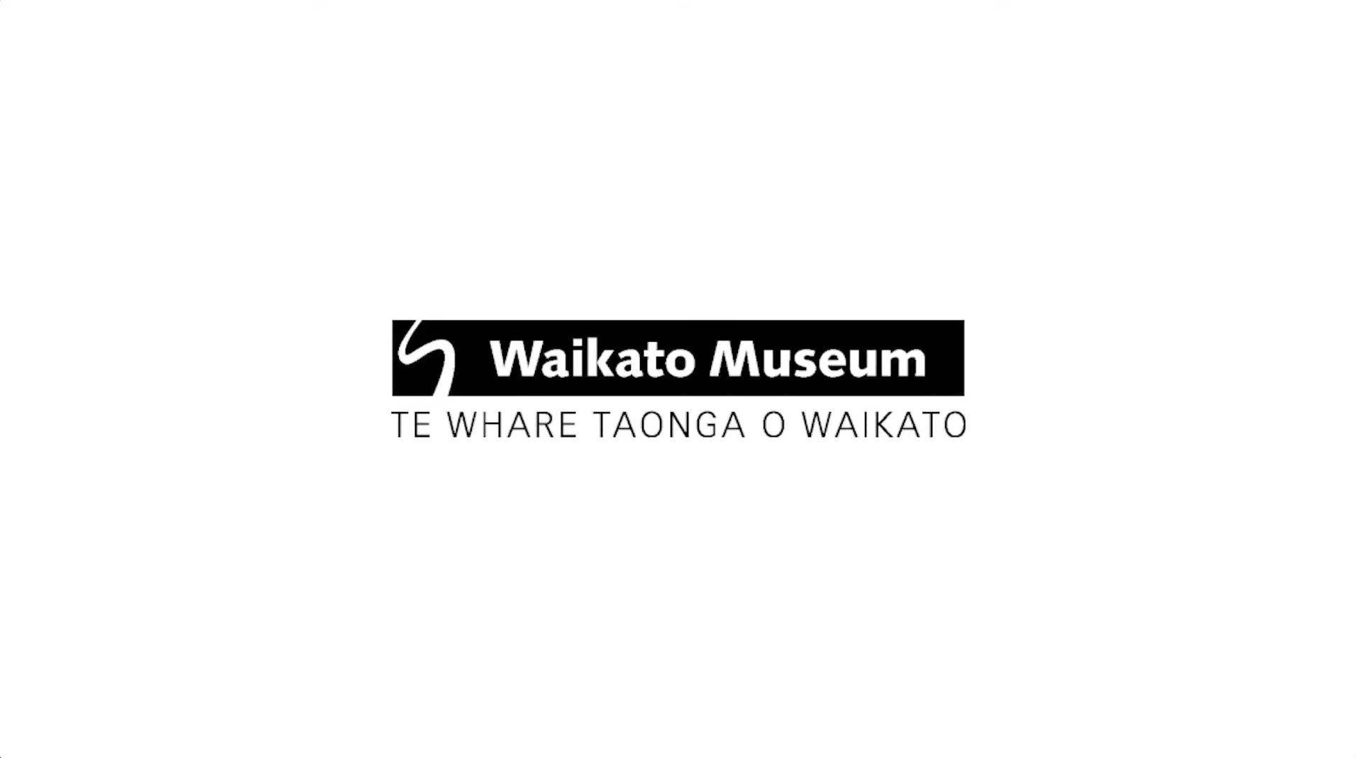 Opening frame of Portrait of Waikato Museum. The museum’s black-and-white logo lockup, “Waikato Museum, Te Whare Taonga o Waikato”, centred on a plain white card.